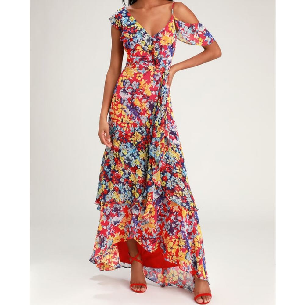 Lulus Radiant Ruby Red Floral Print Chiffon Tiered Maxi Dress Size Medium NWT